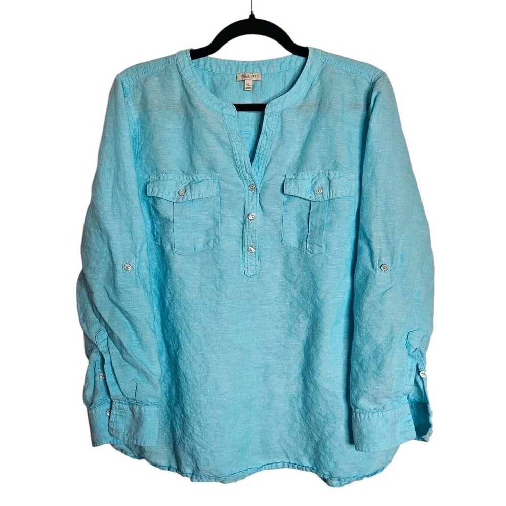 Talbots Linen Popover Tunic Womens XLp Blue Roll Tab Sleeve Top Shirt Buttons